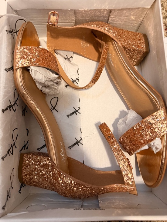 J. Adams Shoes - J Adam’s Gold Glitter Block Heel Sandals - Women's Elegant Evening Shoes